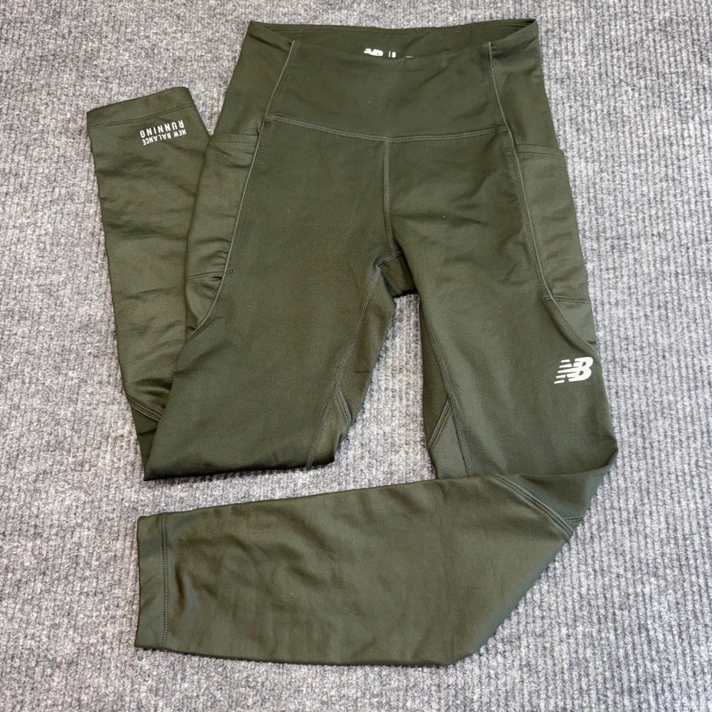 New Balance NB Heat Running Leggings Small Green Zip Pocket Moisture Wicking